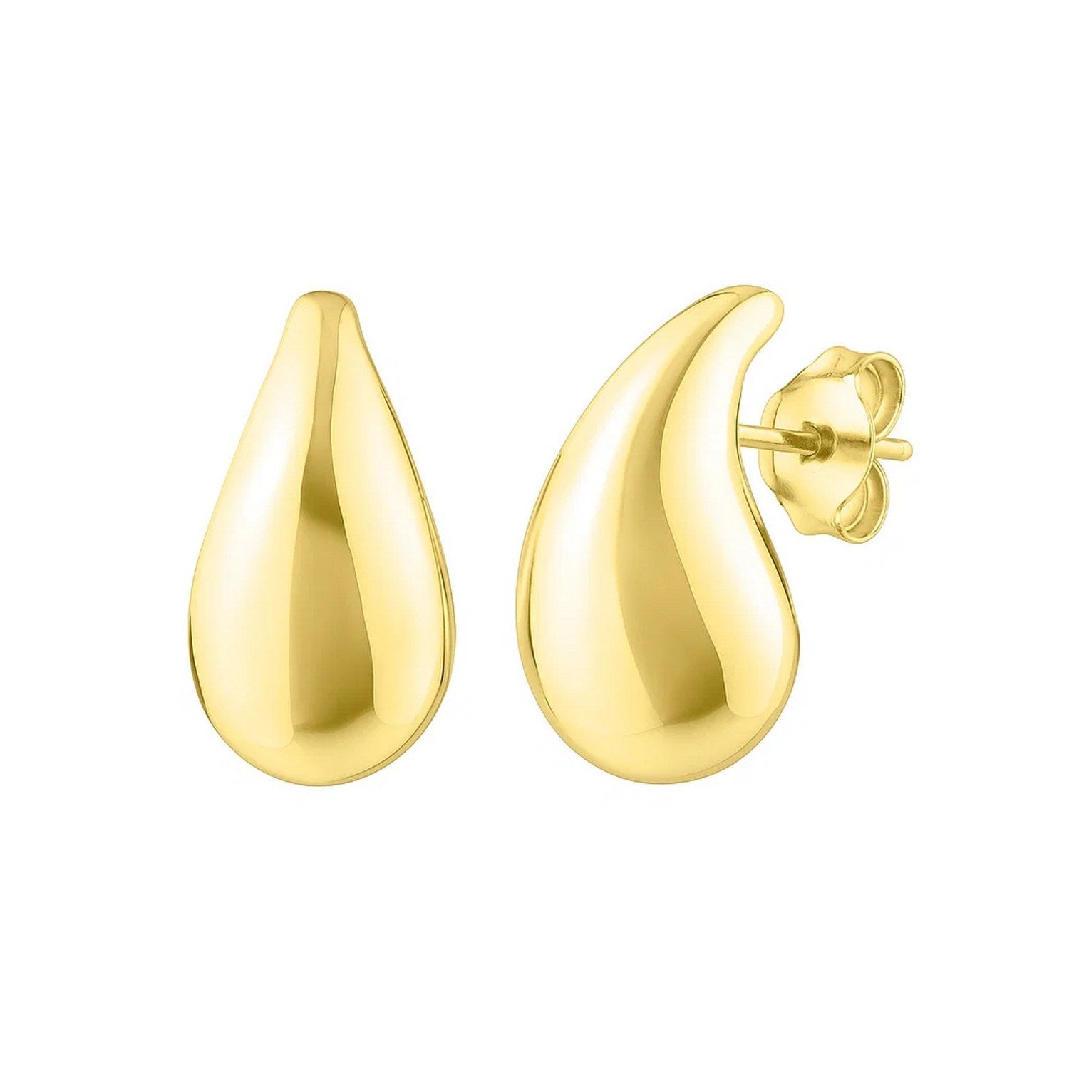 Small Raindrop Stud Earrings in 14K Yellow Gold in a sleek high-contrast midnight luxury editorial style